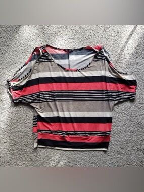 Striped Cold-Shoulder Women’s Top in Coral, Black & Gray